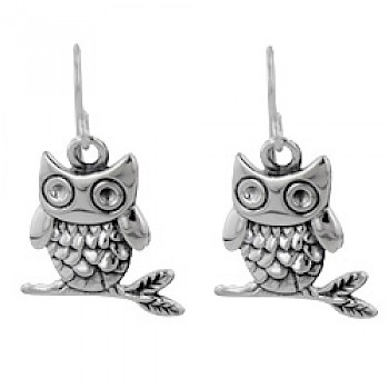 Owl Silver Drop Earrings - 35mm Long