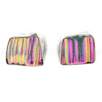 Pink Dichroic Glass & Silver Grooved Square Stud Earrings