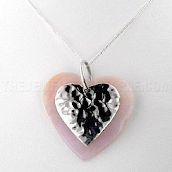 Pink Shell & Hammered Silver Heart Pendant - 40mm