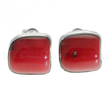 Red Coral & Silver Stud Earrings