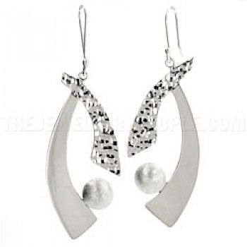 Textured Curve & Ball Silver Earrings - 70mm Long