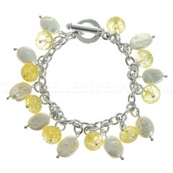 White Pearlised Shell & Yellow Glass Bead Silver Bracelet