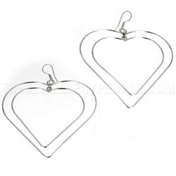 Double Heart Silver Wire Earrings - 70mm Wide